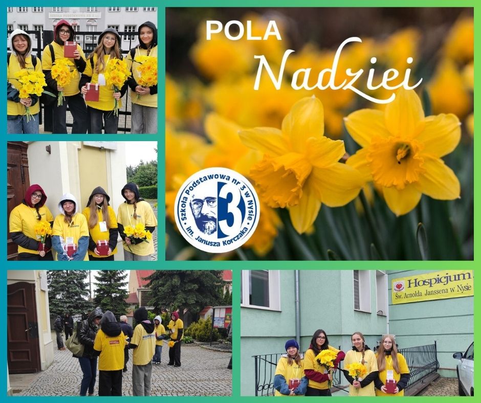 Kolaż zdjęć ukazujący wolontariuszy naszej szkoły podczas akcji "Pola Nadziei".