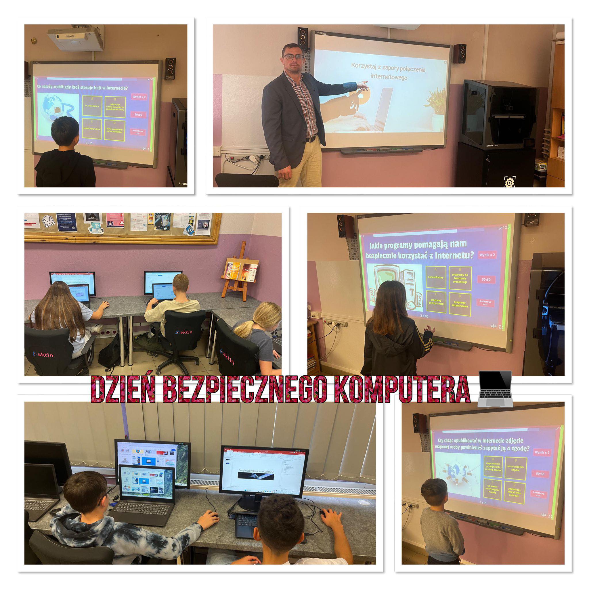 Kolaż zdjęć ukazujący uczniów podczas zajęć z okazji Dnia Bezpiecznego Komputera.