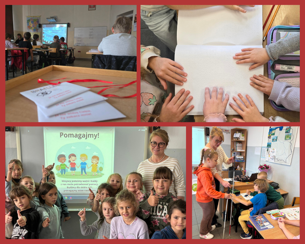 Kolaż zdjęć ukazujący uczniów obchodzących w naszej szkole Międzynarodowy Dzień Białej Laski.