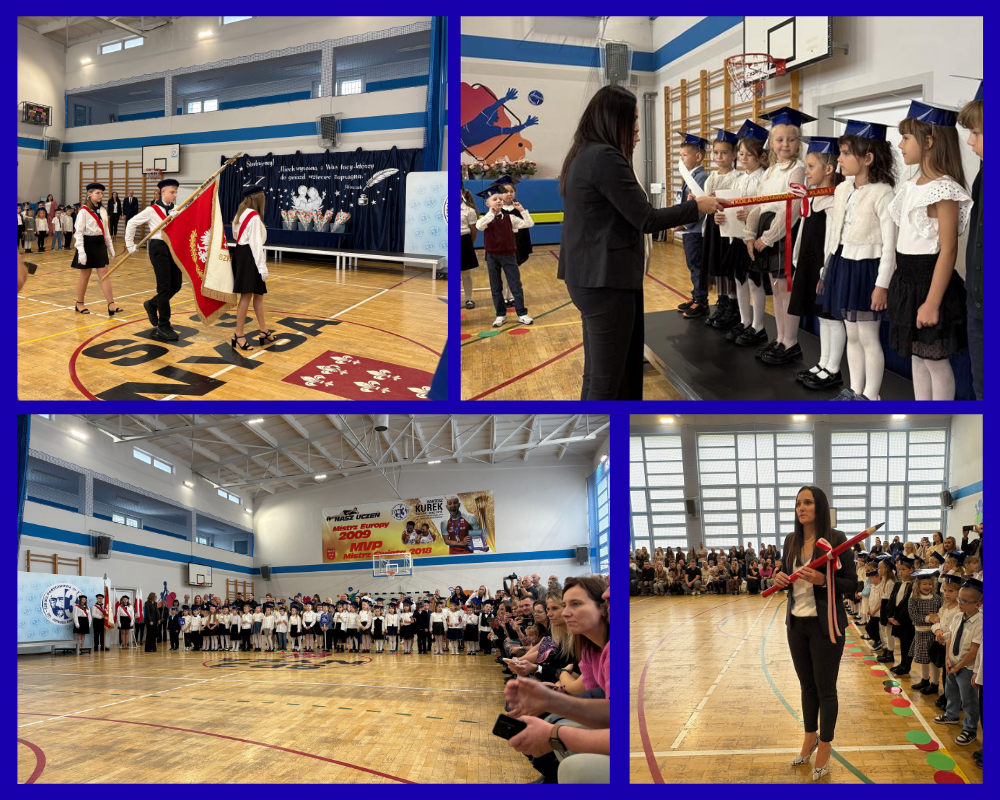 Kolaż zdjęć ukazujący pasowanie pierwszoklasistów.