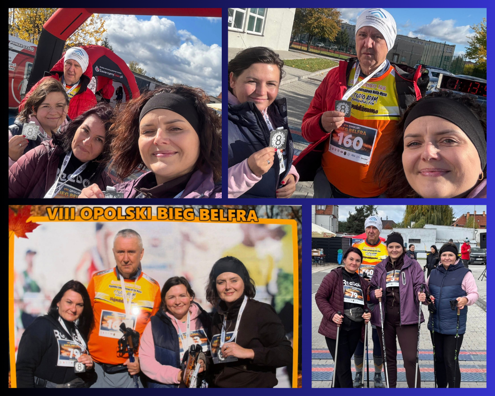 Kolaż zdjęć ukazujący nauczycieli podczas 8 Biegu Belfra.