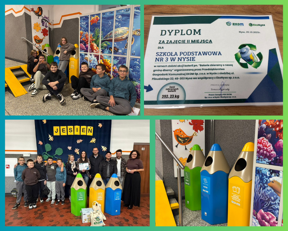 Kolaż zdjęć ukazujący przekazanie nagród w akcji „BATERIE ZBIERAMY – O NASZĄ GMINĘ DBAMY”.