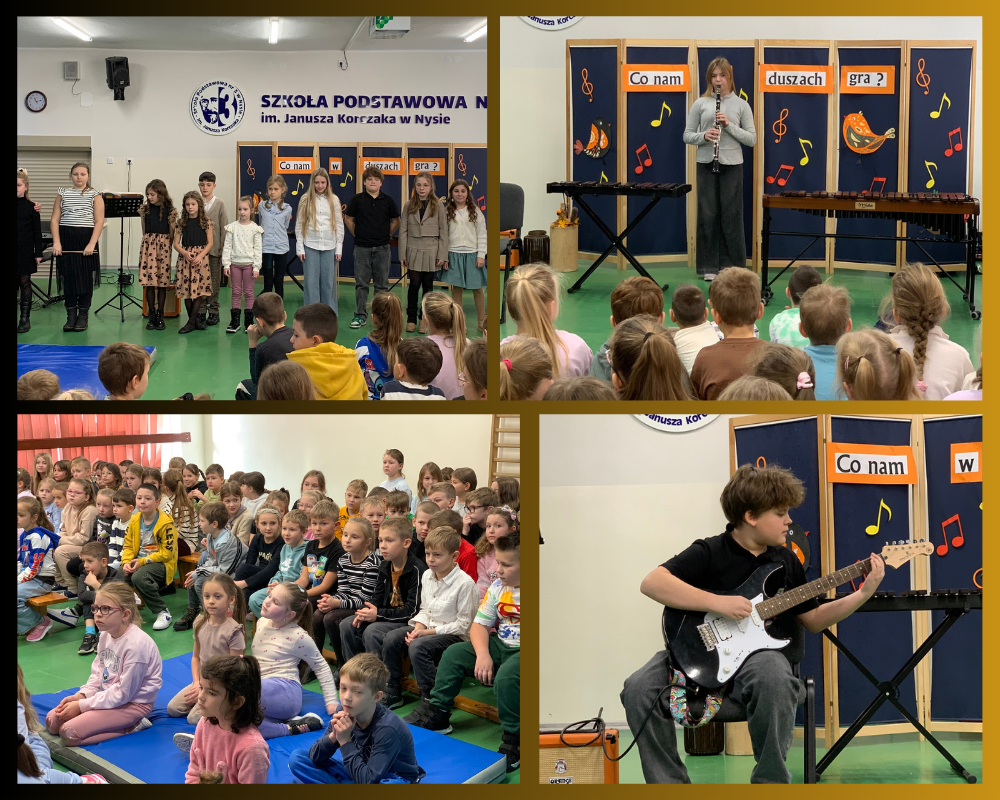 Kolaż zdjęć przedstawiający uczniów podczas "Koncertu Jesiennego”.