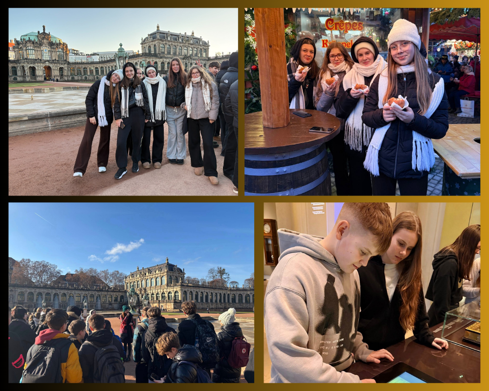 Kolaż zdjęć przedstawiający uczniów podczas wycieczki do Drezna.