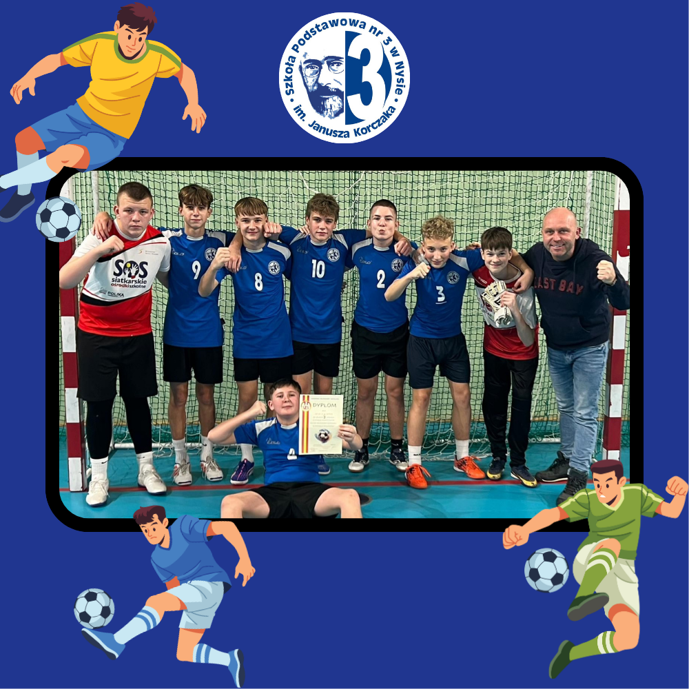 Zdjęcie przedstawiające uczniów po finale powiatowym Igrzysk Młodzieży Szkolnej w futsalu.