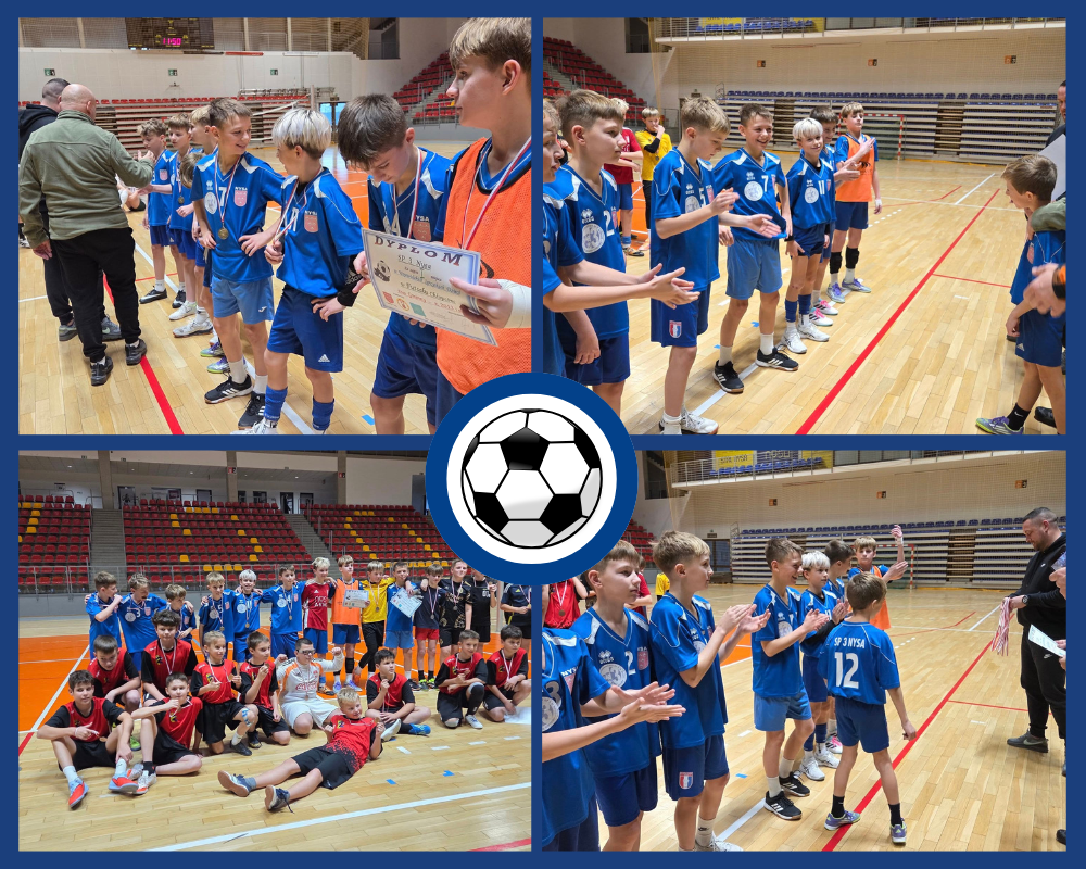 Kolaż zdjęć przedstawiający uczniów podczas gminnego etapu Igrzysk Dzieci w futsalu.