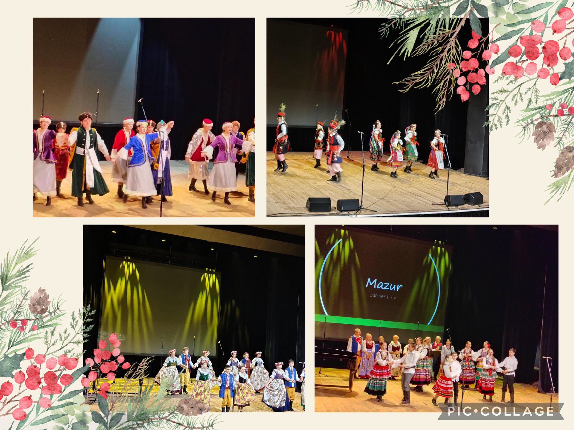 Kolaż zdjęć przedstawiający udział naszych uczniów w koncercie pt. „Barwy Polski – Taneczne Dziedzictwo”.
