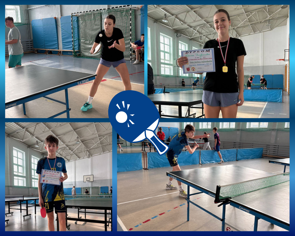 Kolaż zdjęć przedstawiający udział uczniów w Igrzyskach Młodzieży Szkolnej.