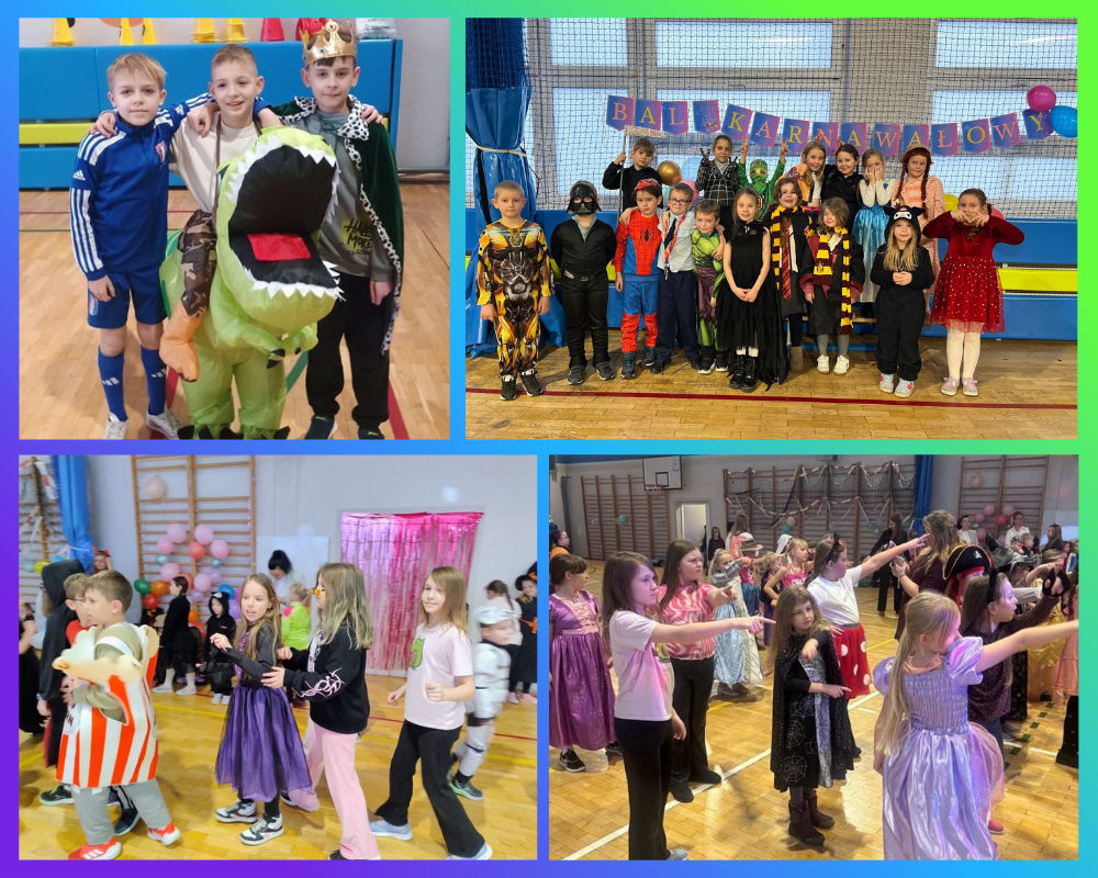 Kolaż zdjęć przedstawiający udział uczniów klas 1-3 w balu karnawałowym.