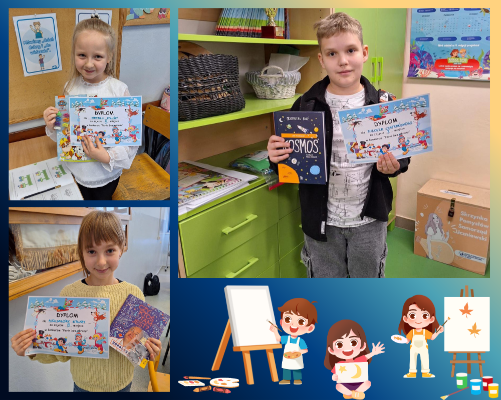 Kolaż zdjęć przedstawiający uczniów wyróżnionych podczas konkursu "ferie bez ekranu".