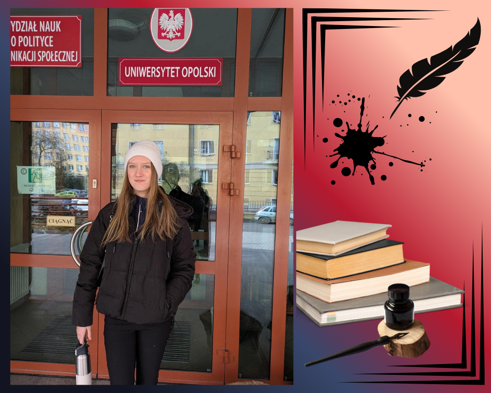 Zdjęcie przedstawiające Wiktorię Fornalczyk przed wejściem do budynku Uniwersytetu Opolskiego.