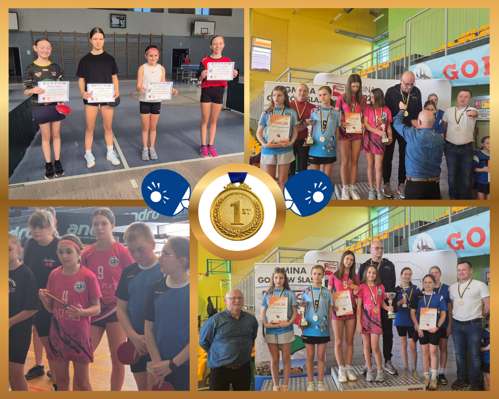Kolaż zdjęć przedstawiający uczennice po wygraniu finału wojewódzkiego w drużynowym tenisie stołowym.