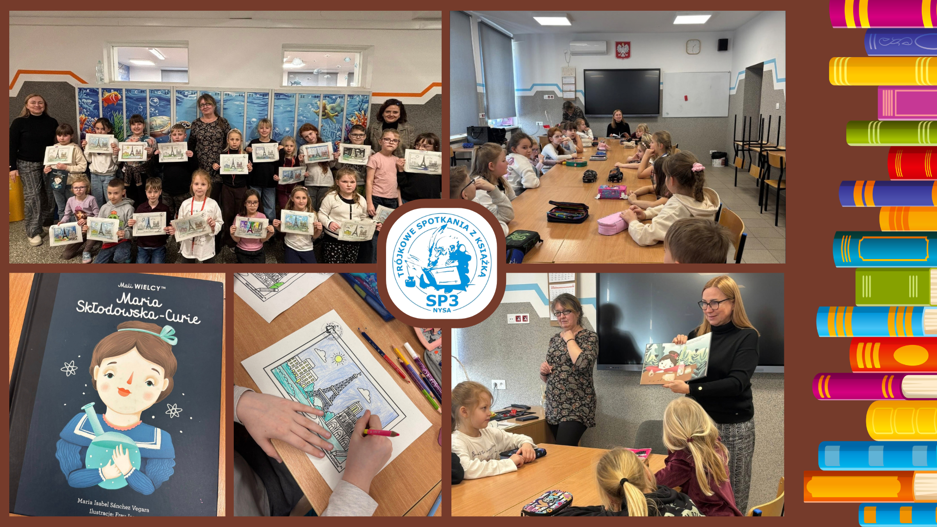 Kolaż zdjęć przedstawiający Trójkowe Spotkanie z Książką.