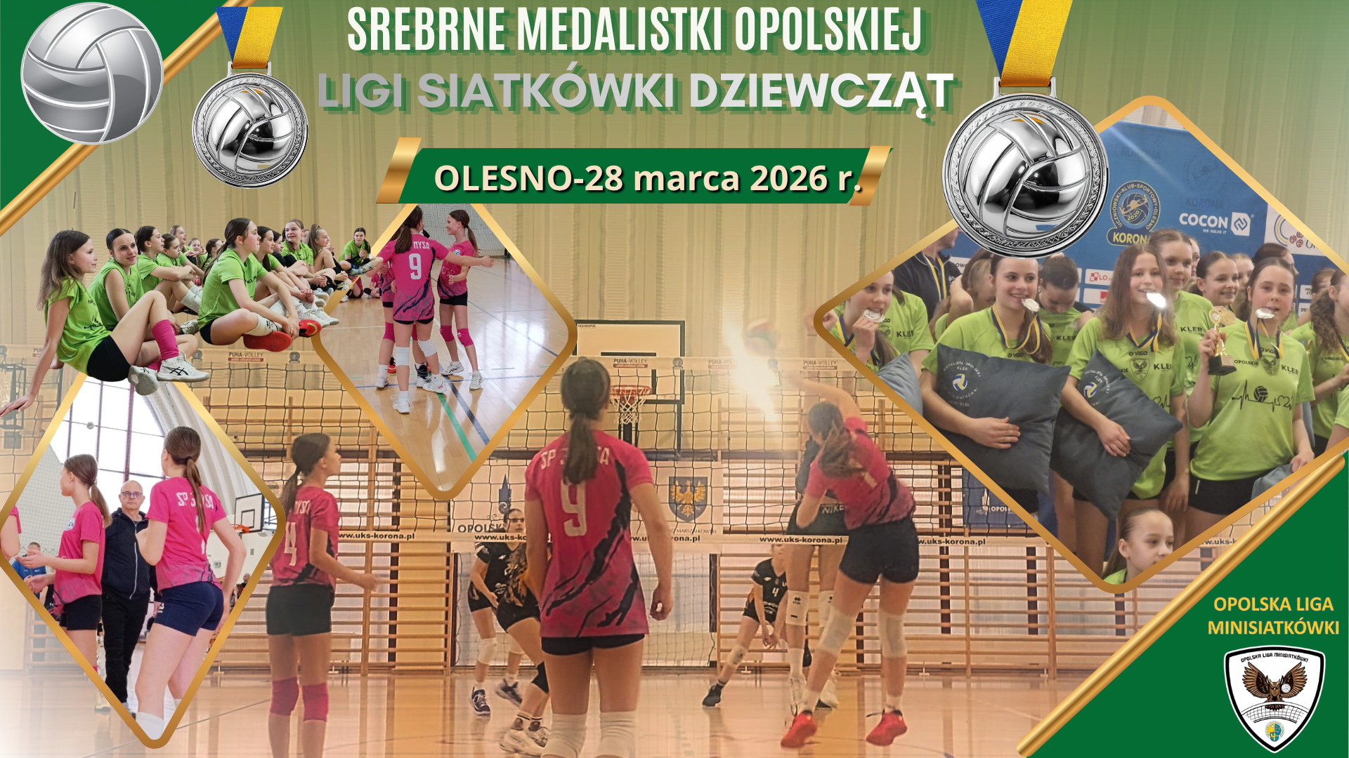 Kolaż zdjęć przedstawiający dziewczęta podczas MISTRZOSTW WOJEWÓDZTWA w minisiatkówce.