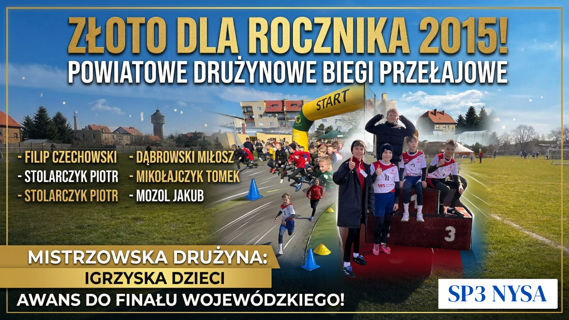 Kolaż zdjęć przedstawiający uczniów podczas MISTRZOSTW POWIATU w Powiatowych Biegach Przełajowych.