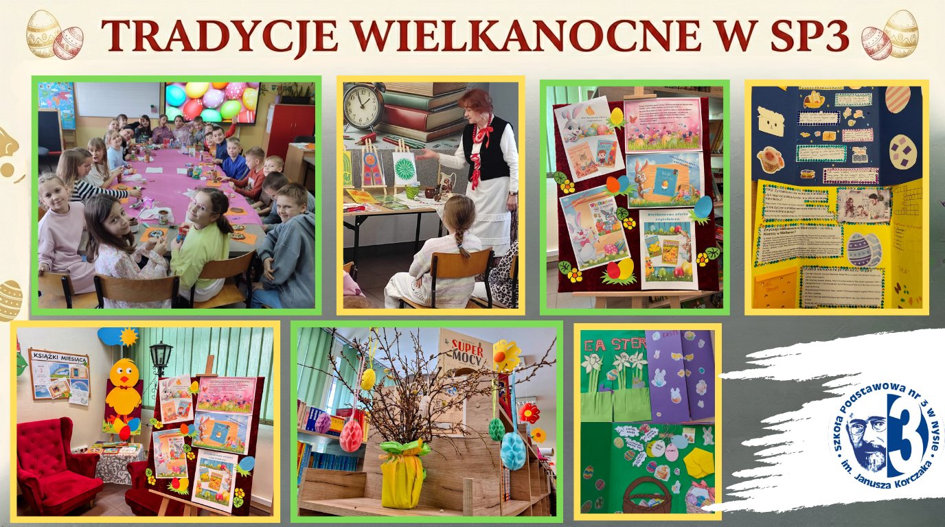 Kolaż zdjęć przedstawiający uczniów SP3 podczas przygotowań do świąt Wielkanocnych.