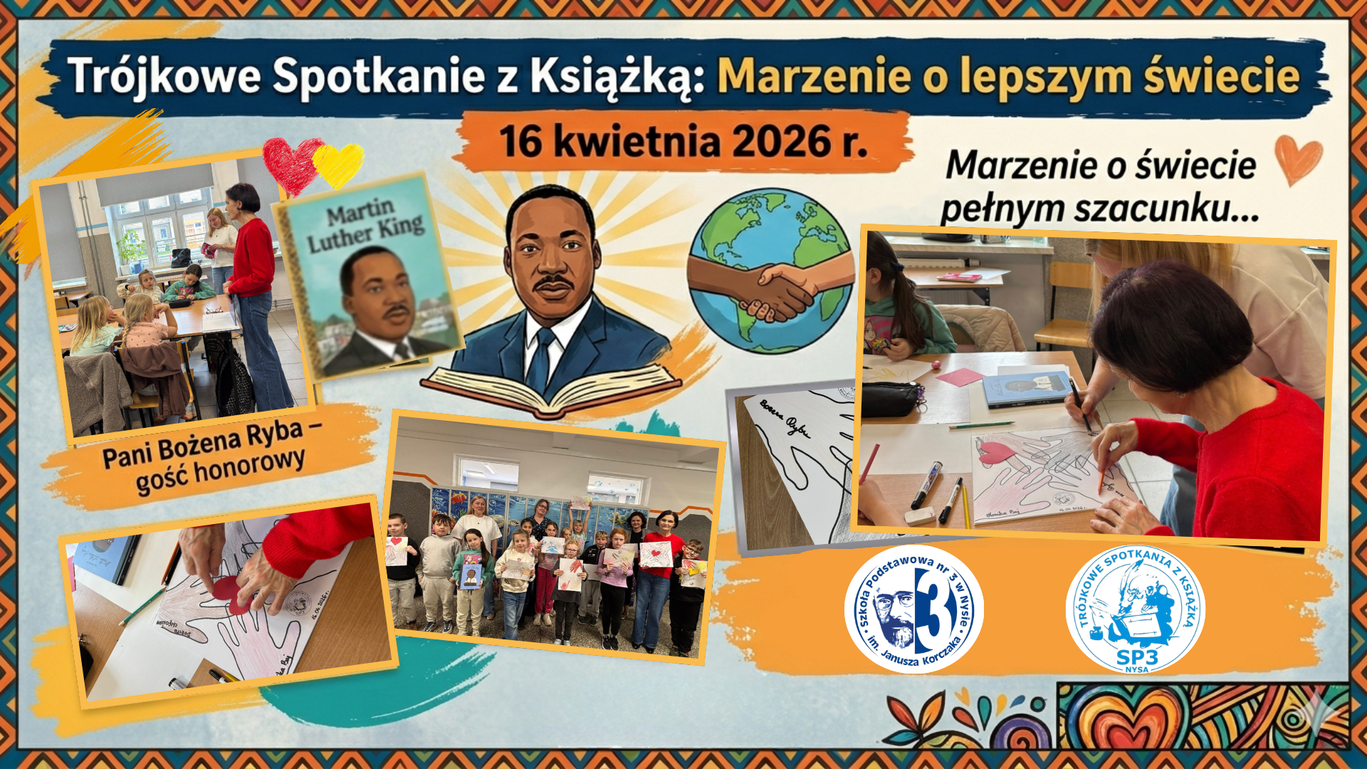 Kolaż zdjęć przedstawiający uczniów podczas Trójkowego Spotkania z Książką.