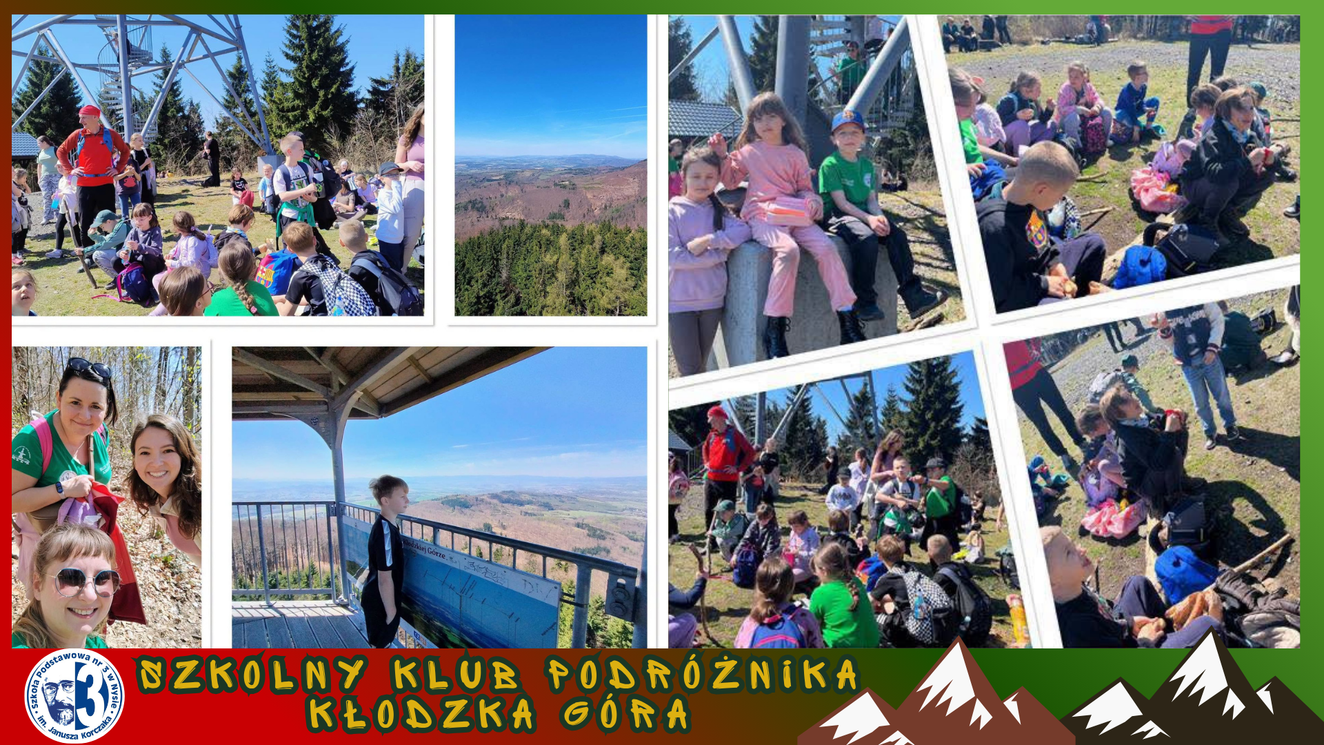 Kolaż zdjęć przedstawiający Szkolny Klub Podróżnika podczas wycieczki na Kłodzką Górę.