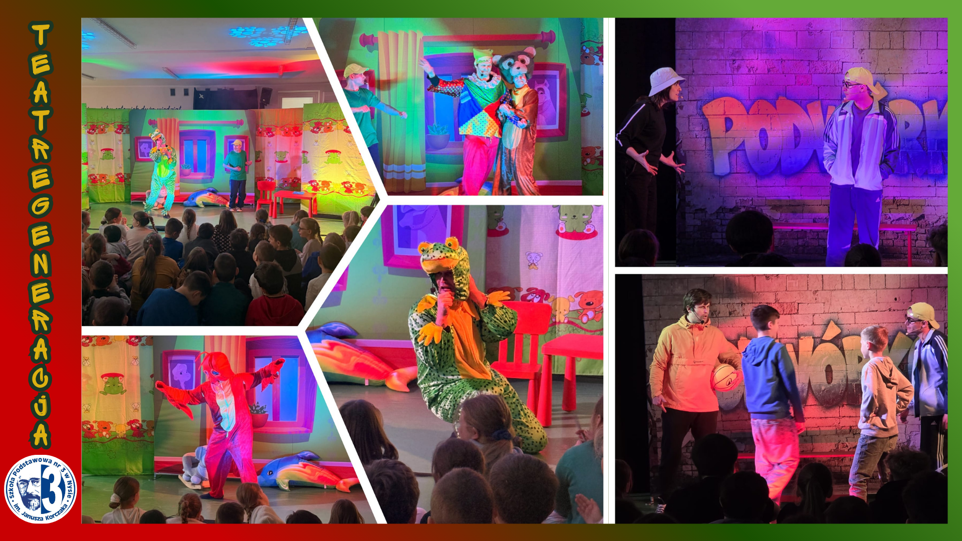 Kolaż zdjęć przedstawiający TeatRegeneracja w naszej szkole.