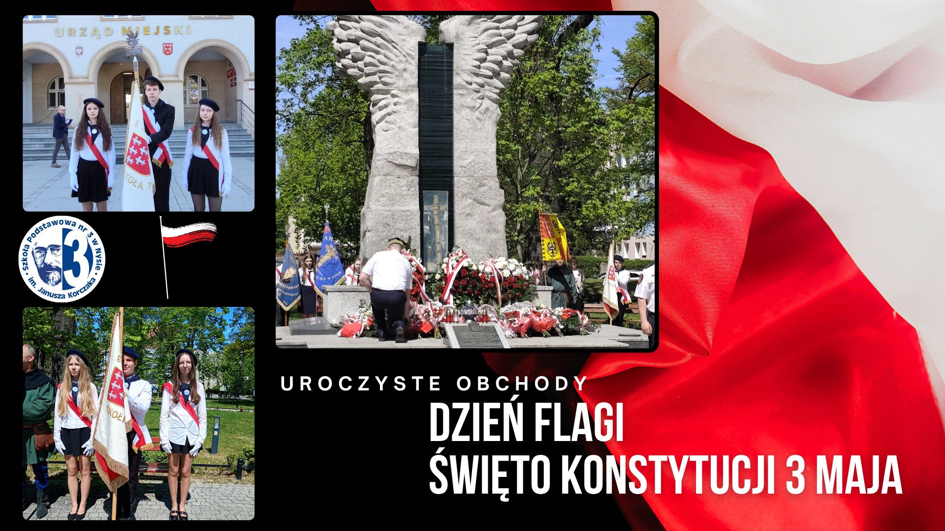 Kolaż zdjęć przedstawiający uczniów i poczet sztandarowy podczas miejskich obchodów świat majowych.