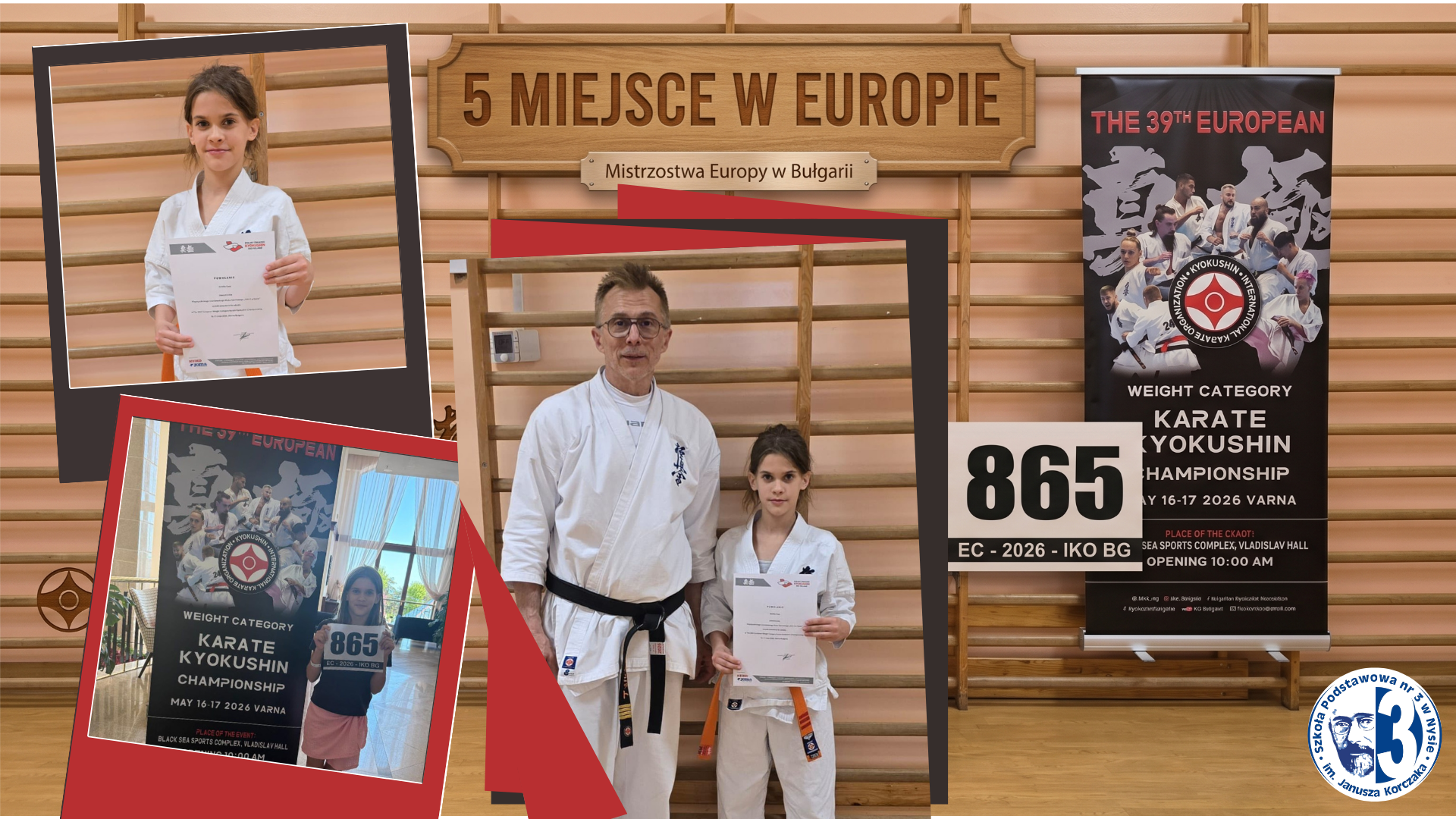 Kolaż zdjęć przedstawiający Amelię Czop z medalem za zajęcie 5 miejsca w Europie w zawodach Karate Kyokushin.