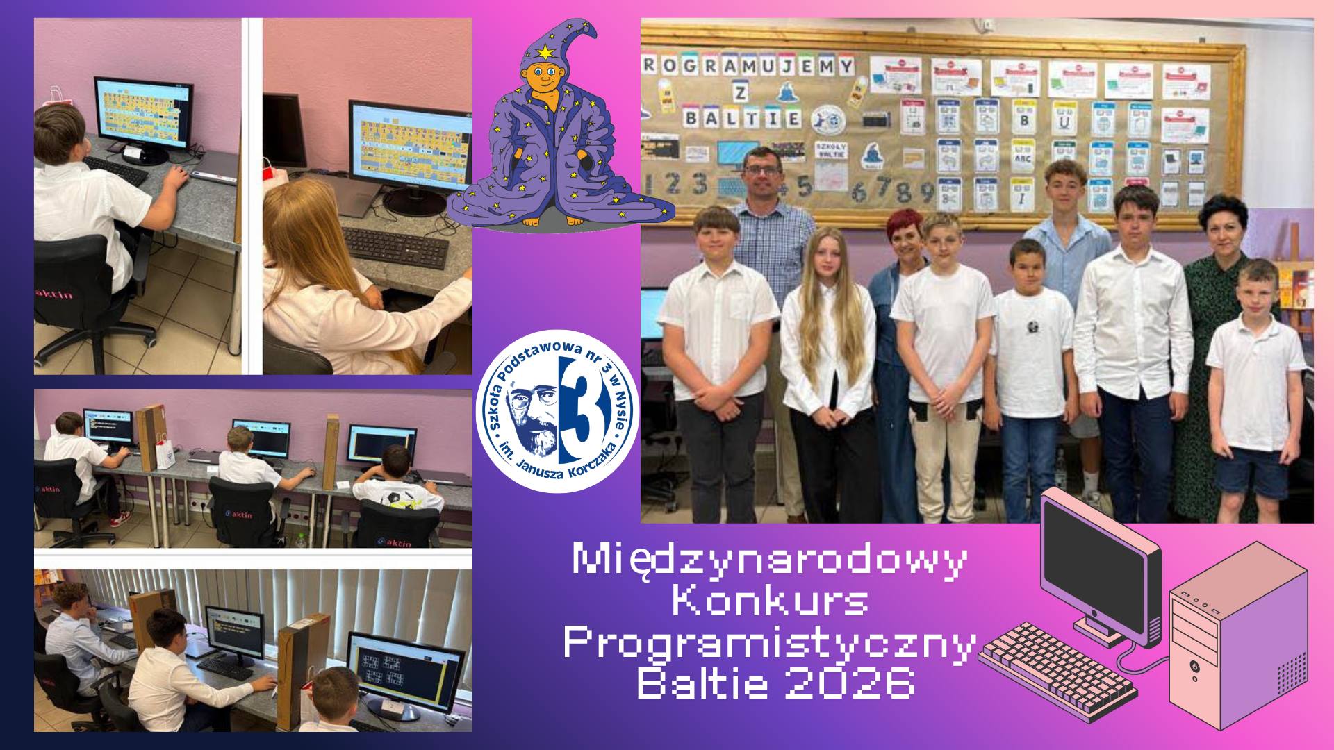 Kolaż zdjęć przedstawiający uczniów podczas międzynarodowego konkursu Baltie.