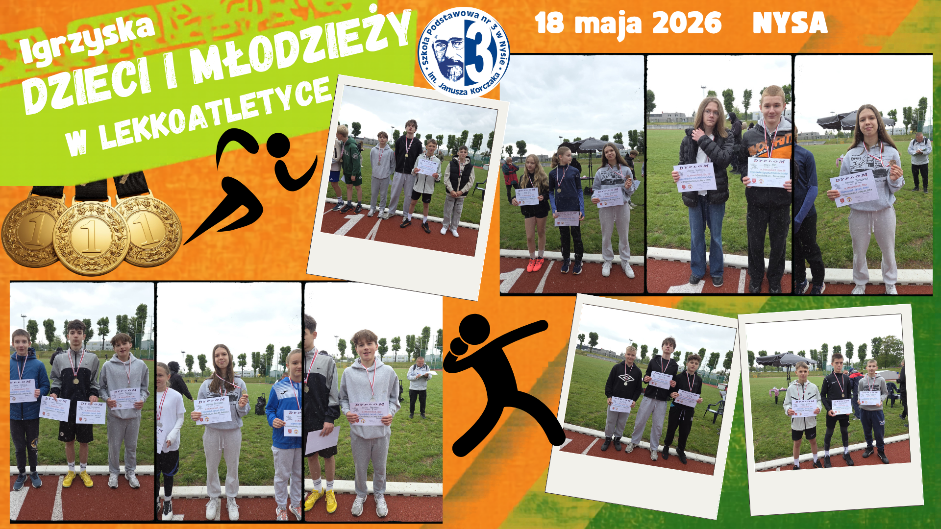 Kolaż zdjęć przedstawiający uczniów podczas Gminnych Igrzysk Dzieci i Młodzieży w indywidualnej lekkoatletyce.