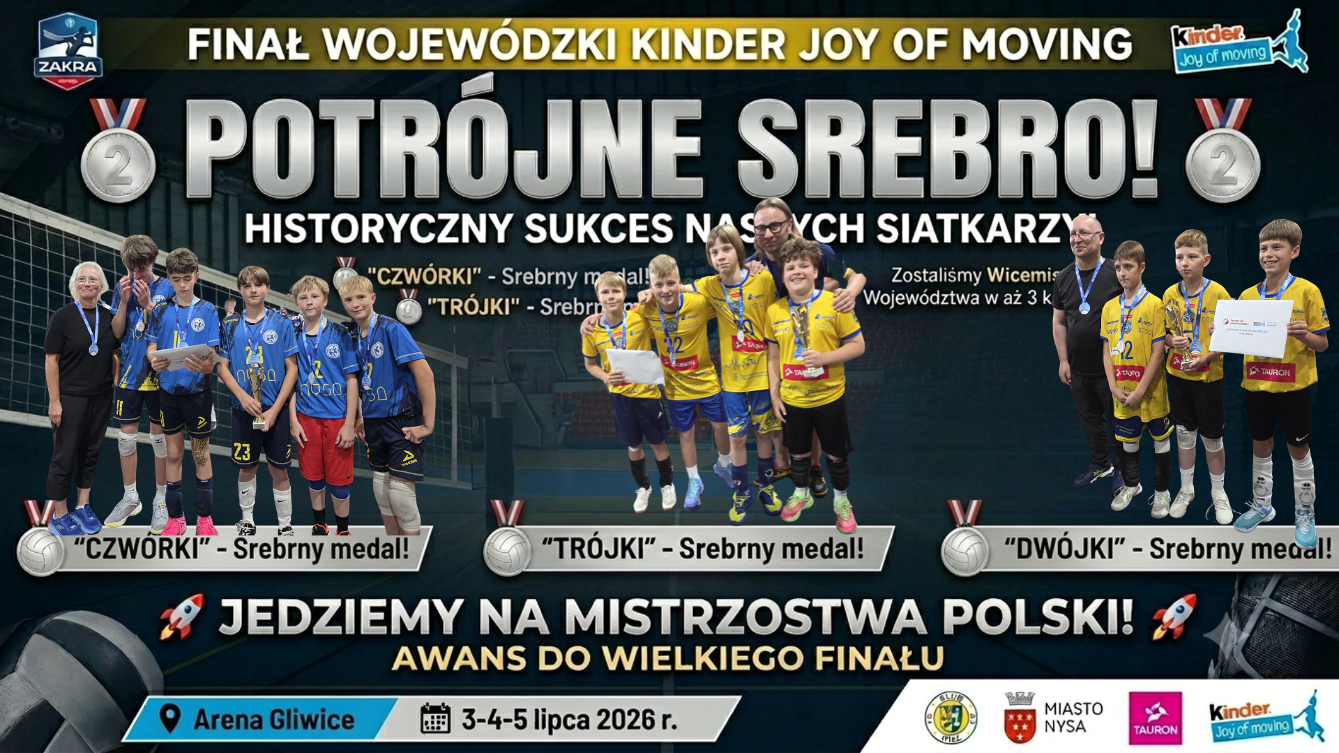 Kolaż zdjęć przedstawiający uczniów w trakcie zawodów Kinder Joy of moving.