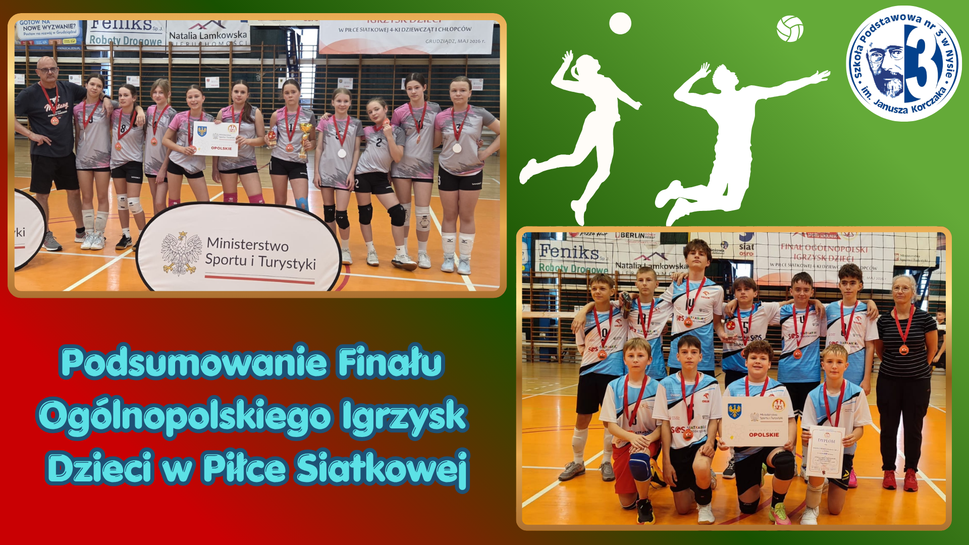 Grafika przedstawiająca uczniów podczas Finału Ogólnopolskiego Igrzysk Dzieci w Piłce Siatkowej.