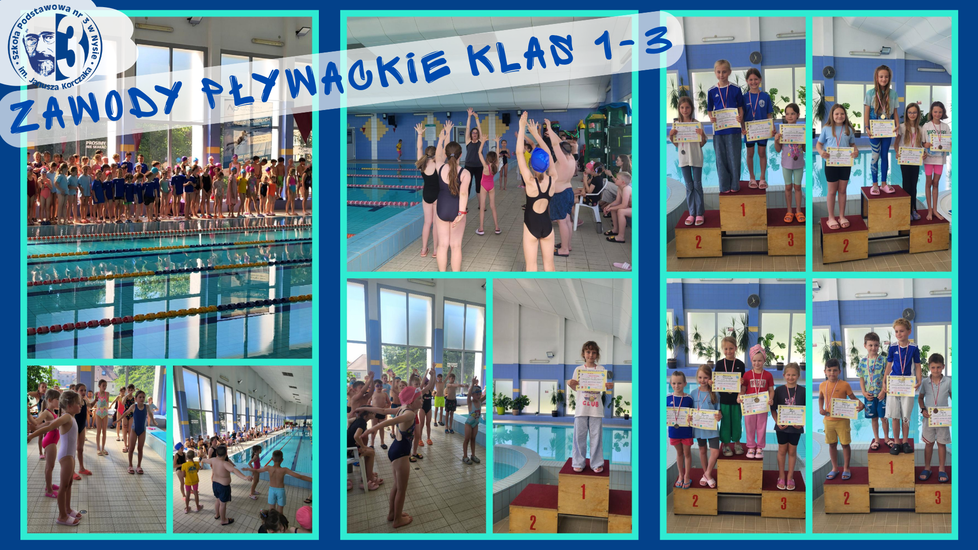 Kolaż zdjęć przedstawiający uczniów klas 1-3 podczas zawodów pływackich.