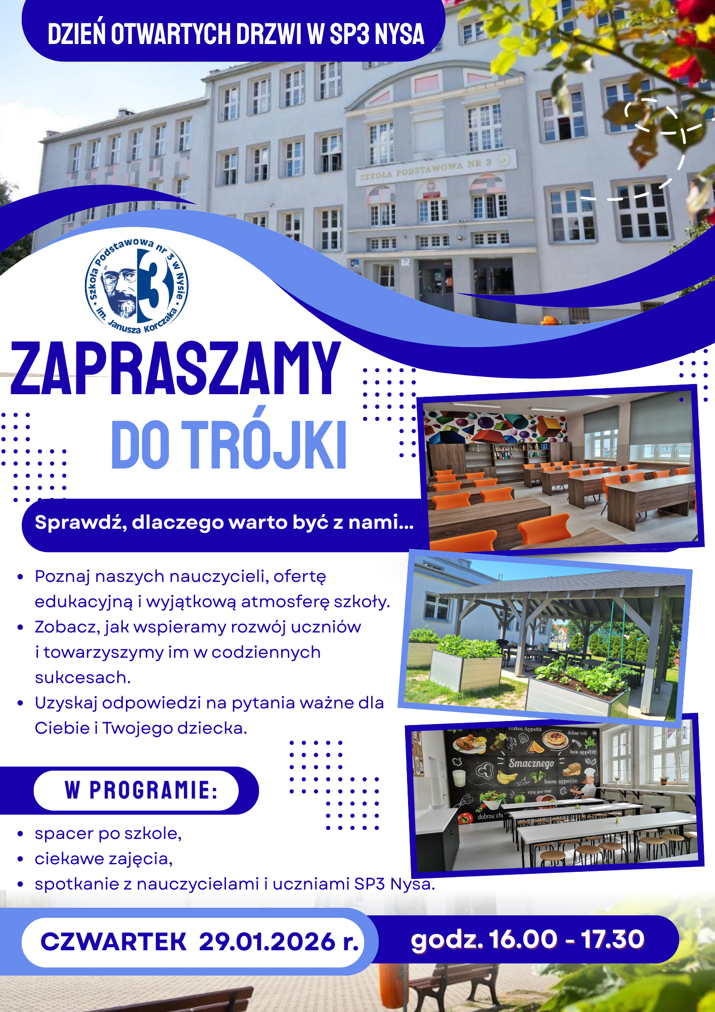 Plakat informujący o terminie Dnia Otwartych Drzwi w naszej szkole, który odbędzie się 29.01.2026 r.