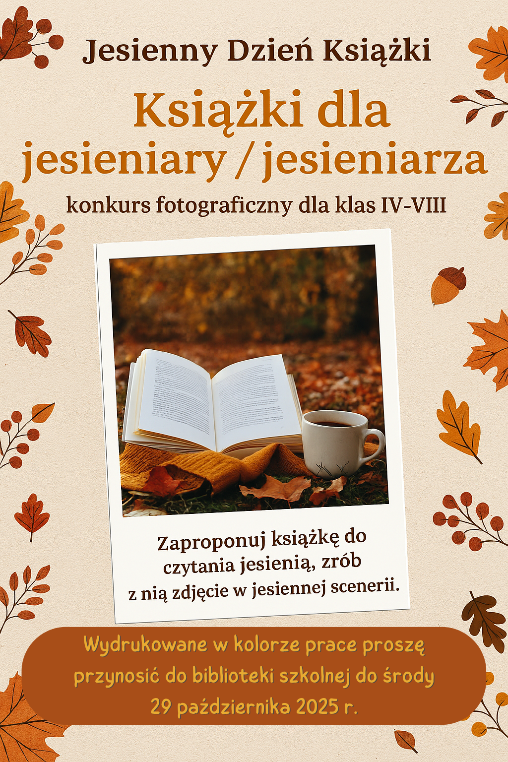 Plakat informujący o konkursie plastycznym pt. „Książki dla jesieniary/jesieniarza”.
