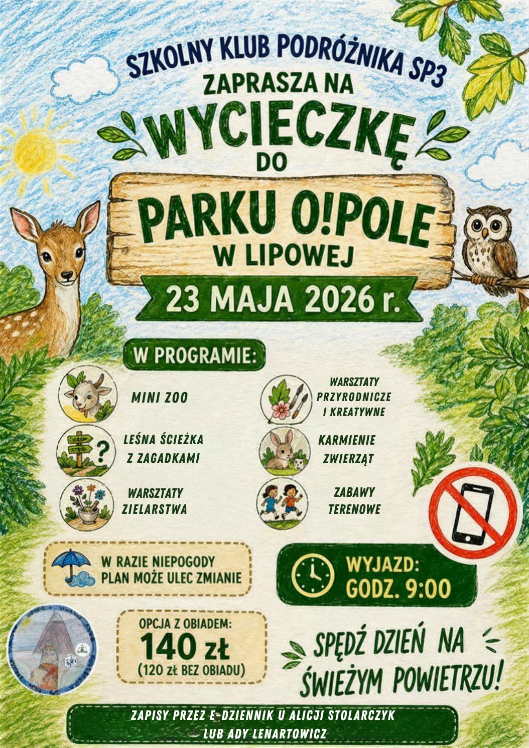 Plakat informujący o wycieczce Szkolnego Klubu Podróżnika dnia 23 maja 2026 r.