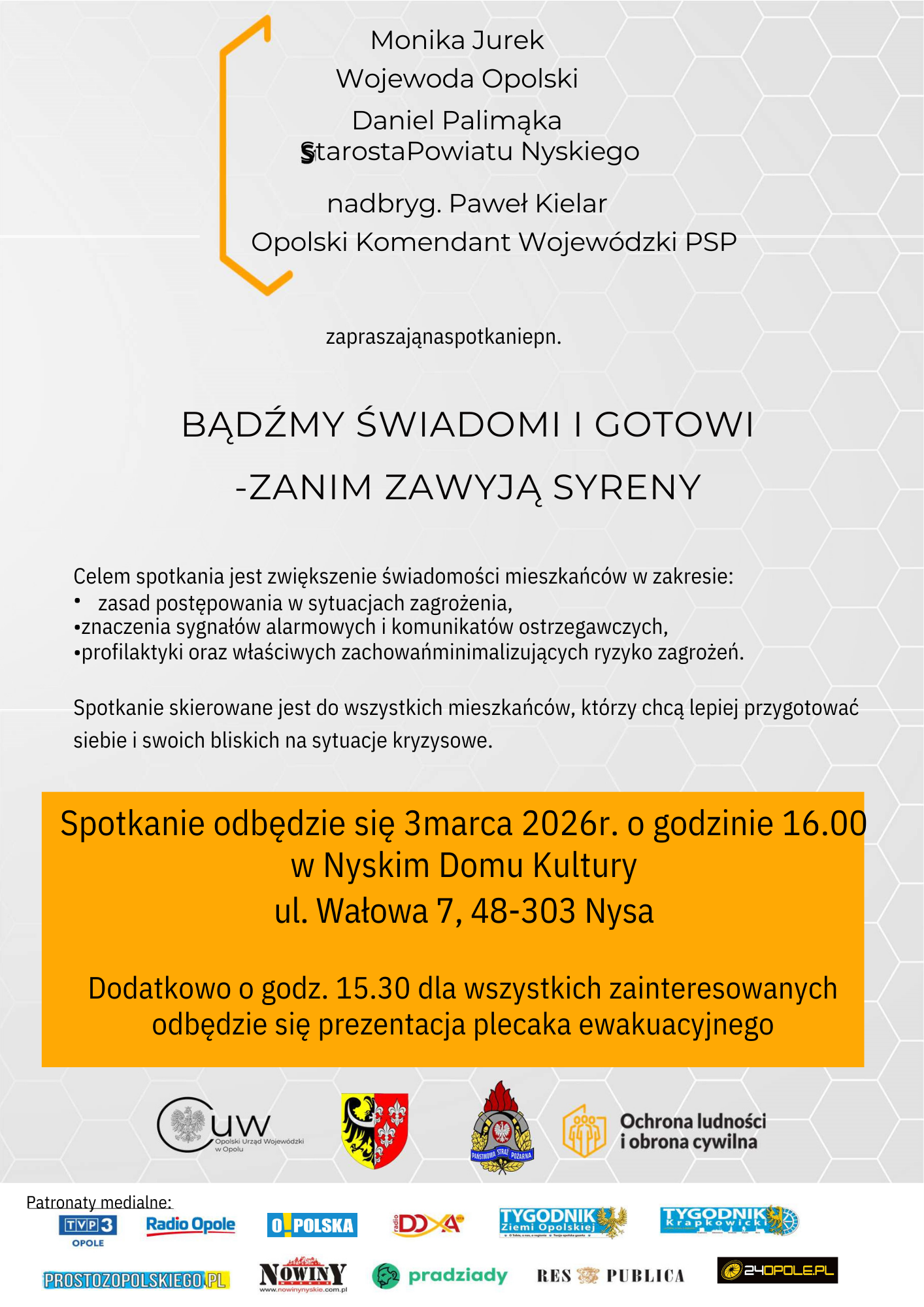 Plakat informujący o spotkaniu dotyczącym reagowania w sytuacjach kryzysowych.